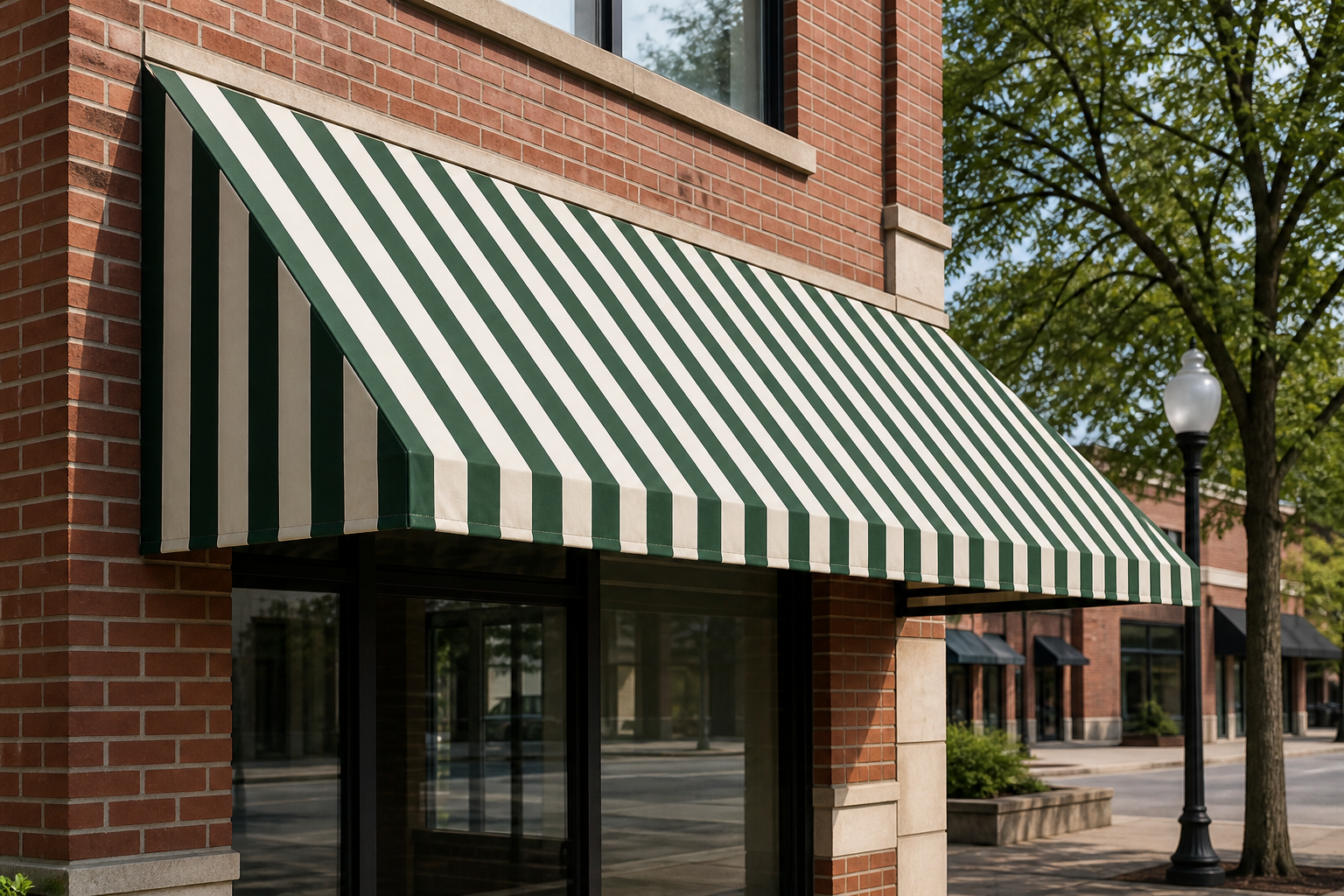 Striped canvas awning on a brick storefront